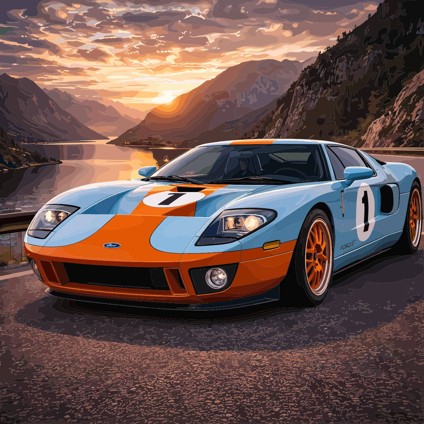 Finished illustration of a blue and orange sports car beside a mountain lake at sunset