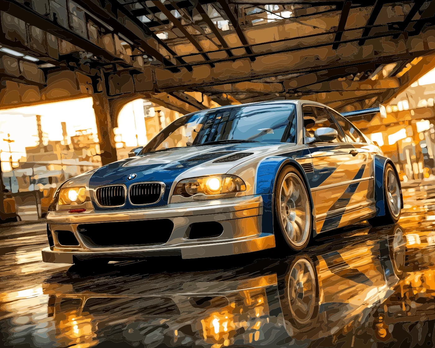 Finished illustration of a silver sports coupe in a sunlit industrial workshop