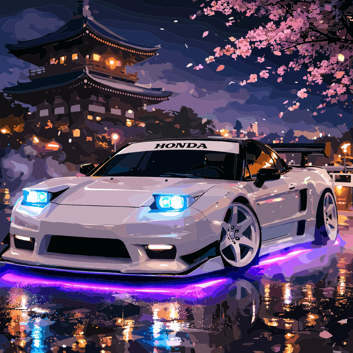 Finished illustration of a white Japanese sports car under cherry blossoms at night